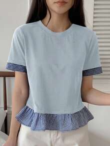 DAZY Áo thun nữ mùa hè cổ tròn tay ngắn kẻ caro phối màu dáng ngắn dễ thương - Màu xanh nhạt - Xem 5