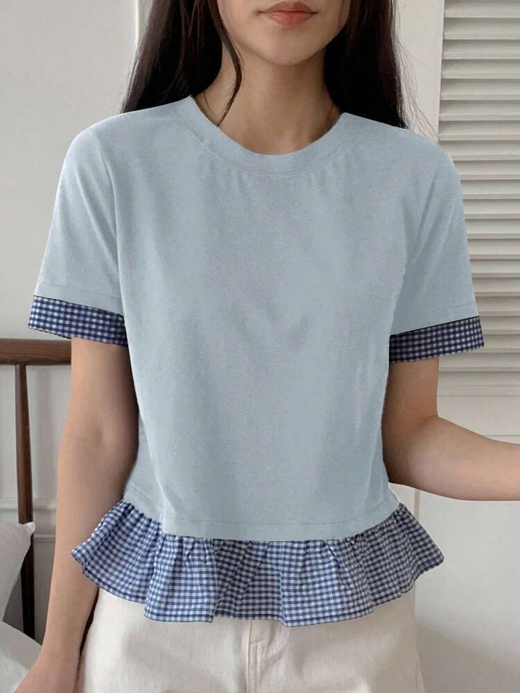 Women's Summer Round Neck Short Sleeve Plaid Patchwork Casual Cropped Cute T-Shirt