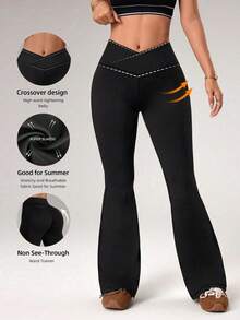 Seamluxe SHEIN Sport 女士休闲百搭纯色喇叭运动裤 - 黑色 - 查看 2