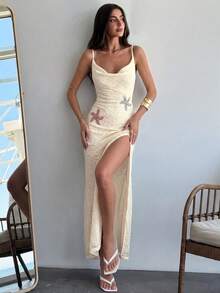 Aloruh Apricot Knit Slip Dress, Elegant Vacation Dress - Apricot - View 1