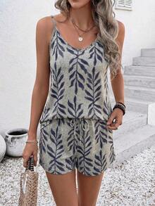 EMERY ROSE Women's Leaf Print Camisole Top And Drawstring Waist Shorts Casual 2-Piece Set - Multicolor - View 5