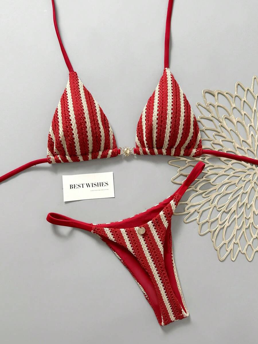 Swim Mod Women's Spring/Summer New Special Fabric Metal Decor V-Neck Halter Backless Triangle Bikini Top And Bottoms Two Pieces Swimwear - Red - View 1