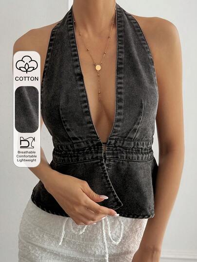 Livesso Top corto casual y suelto con cintura ceñida, tirantes finos y espalda descubierta, moda callejera, primavera/verano