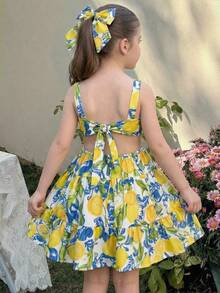 LMoss Kids 年轻女孩热带水果图案可爱休闲方领泡泡袖露背蝴蝶结喇叭裙 - 綠色 - 查看 3