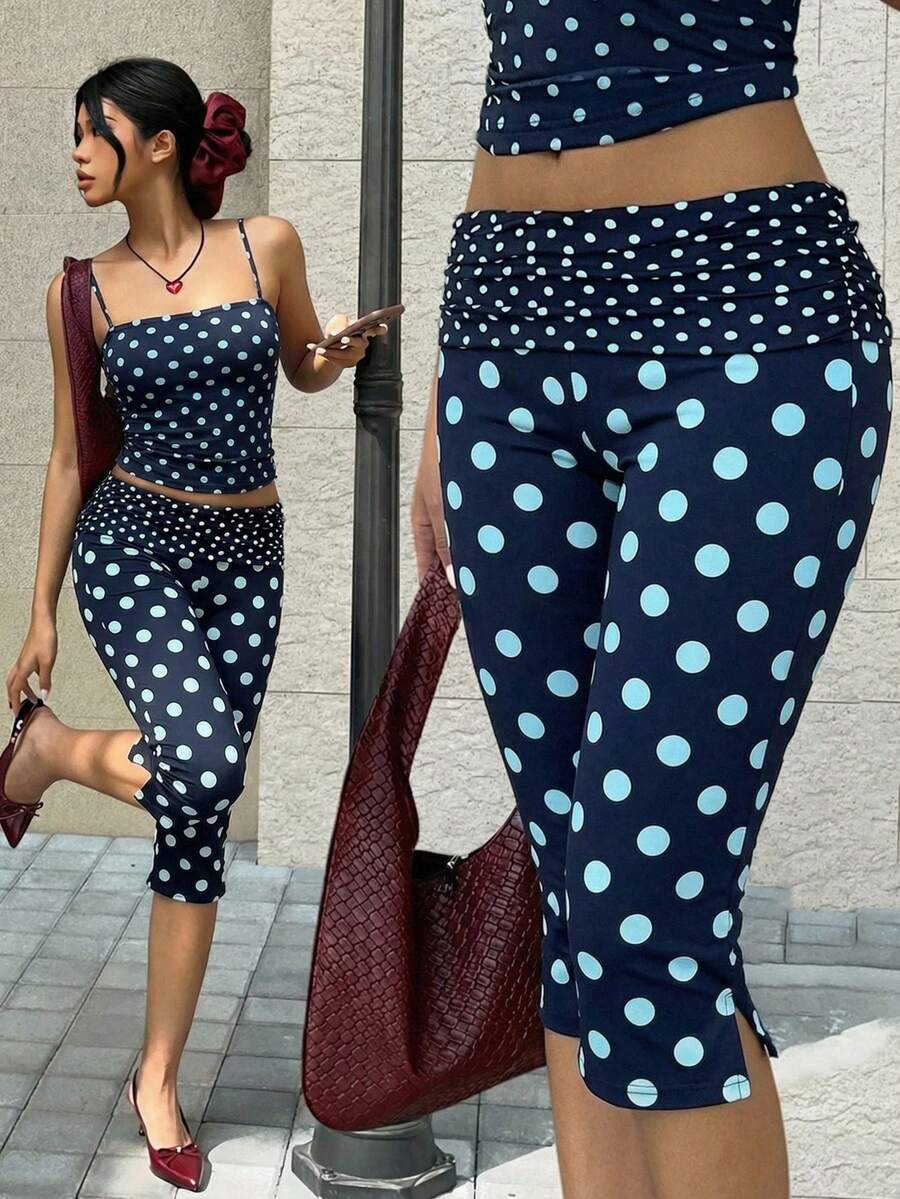 SHEIN EZwear 女士蓝色波点侧开衩修身休闲七分裤，度假风，休闲装 - 彩色 - 查看 1