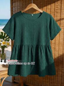SHEIN CURVE+ Curve 尺码 US22 音乐节、海滨度假、波西米亚风夏季休闲纯色纹理蝙蝠袖衬衫 - 綠色 - 查看 11