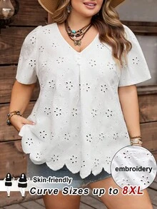 SHEIN CURVE+ Áo kiểu nữ cỡ US22, thích hợp cho lễ hội âm nhạc, kỳ nghỉ bên bờ biển, phong cách bohemian, cổ chữ V thêu họa tiết và tay cánh hoa, áo mùa hè cỡ lớn, áo trắng nữ, áo kiểu ren mùa hè, áo sơ mi nữ, áo kiểu nữ, áo ren mùa hè cho nữ. - trắng - Xem 11