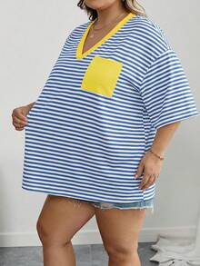 SHEIN CURVE+ 大码曲线/校园服/返校服/返校季大号条纹休闲简约大码T恤，适合夏季穿着，带口袋 - 淺藍色 - 查看 4