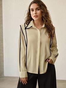 MOTF PREMIUM PLUS SIZE CONTRAST BINDING BUTTON UP SHIRT - Apricot - View 4