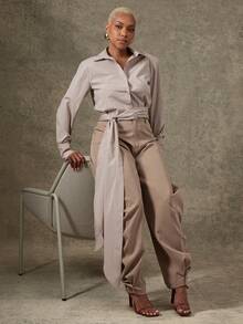 Vixey Atasan Lengan Panjang Kancing Depan Motif Garis-Garis dengan Pita - Coklat - View 1