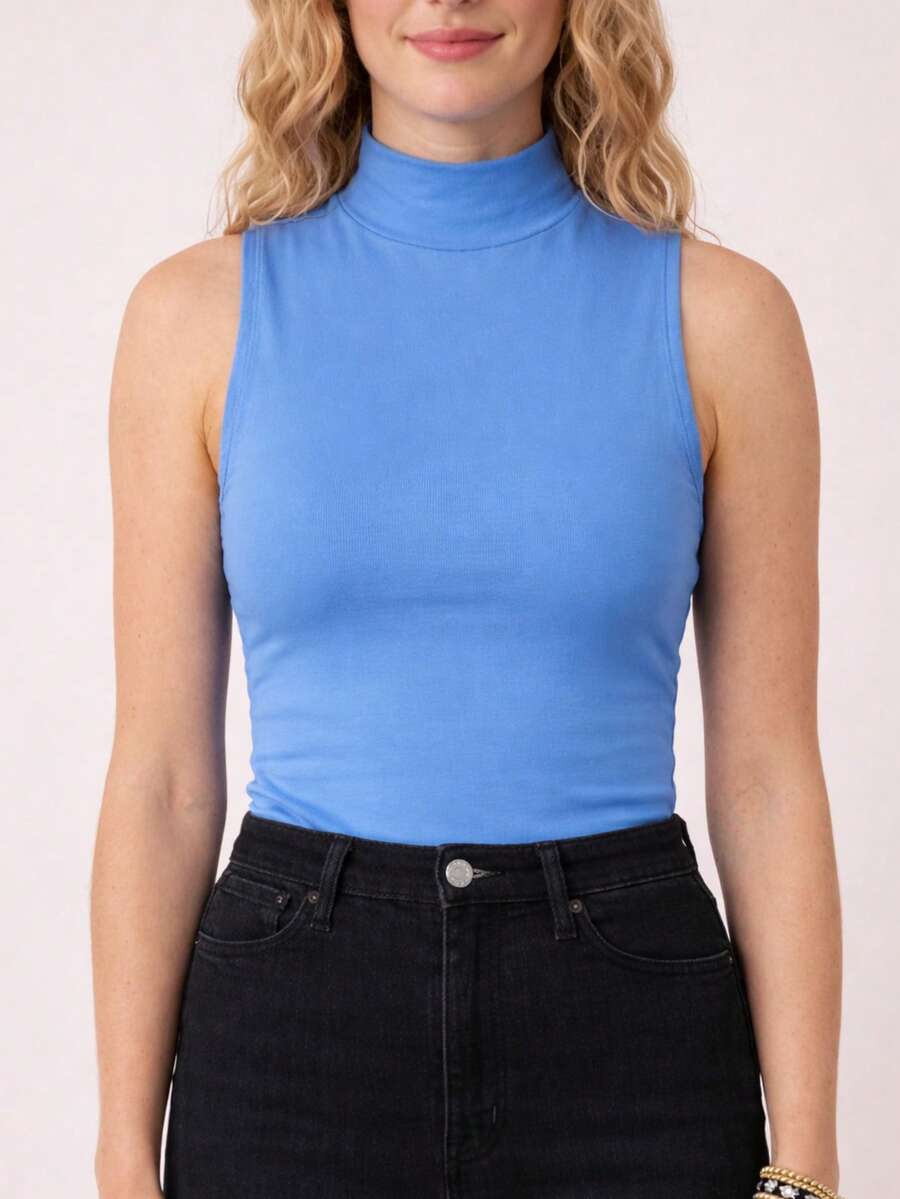 Top básico de cuello alto Top sin mangas para mujer, ajuste ceñido, tela suave y elástica, diseño elegante, ideal para outfits casuales y formales, blusa básica versátil - azul - Ver 1