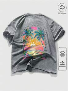 ROMWE MEN Casual 男士休闲热带印花短袖T恤 - 淺灰色 - 查看 3