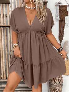 EMERY ROSE Plus Size Women Deep V-Neck Batwing Sleeve Casual Solid Color Dress - Mocha Brown - View 4