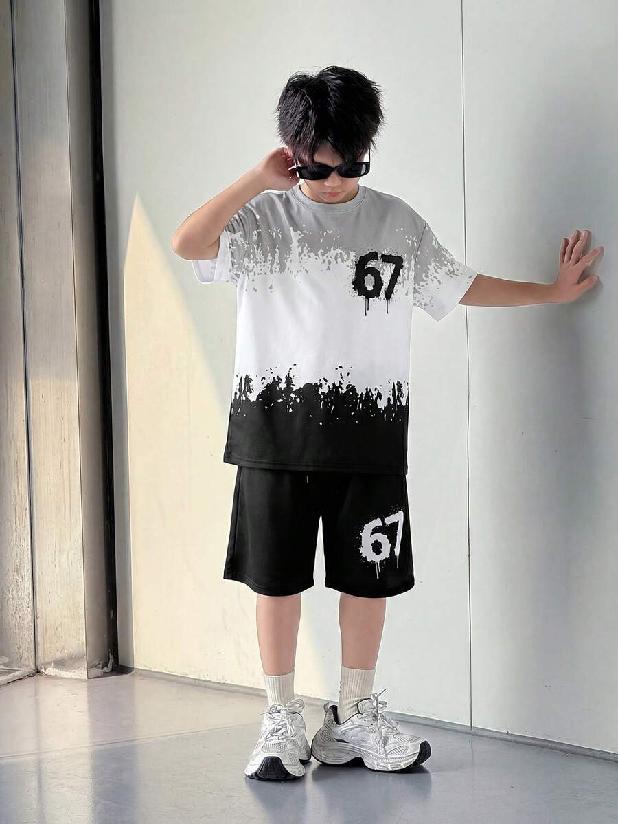 SHEIN Little Byeori 青少年男童宽松街头风短袖短裤套装 - 彩色 - 查看 1