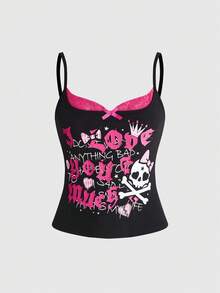 ROMWE Kawaii 美式甜辣性感印花蕾丝拼接女式背心 - 黑色 - 查看 1