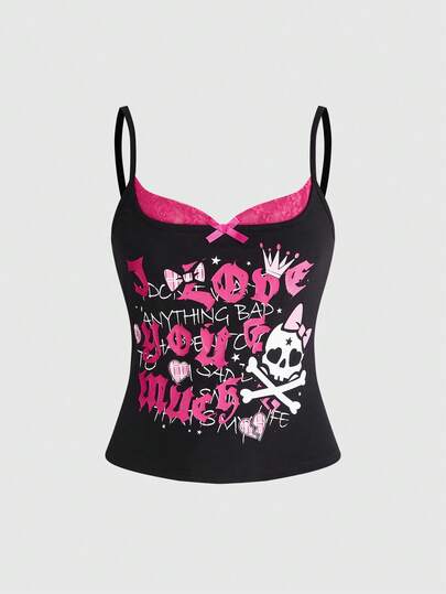 ROMWE Kawaii American Style Sweet & Spicy Sexy Printed Lace Patchwork Women Tank Top