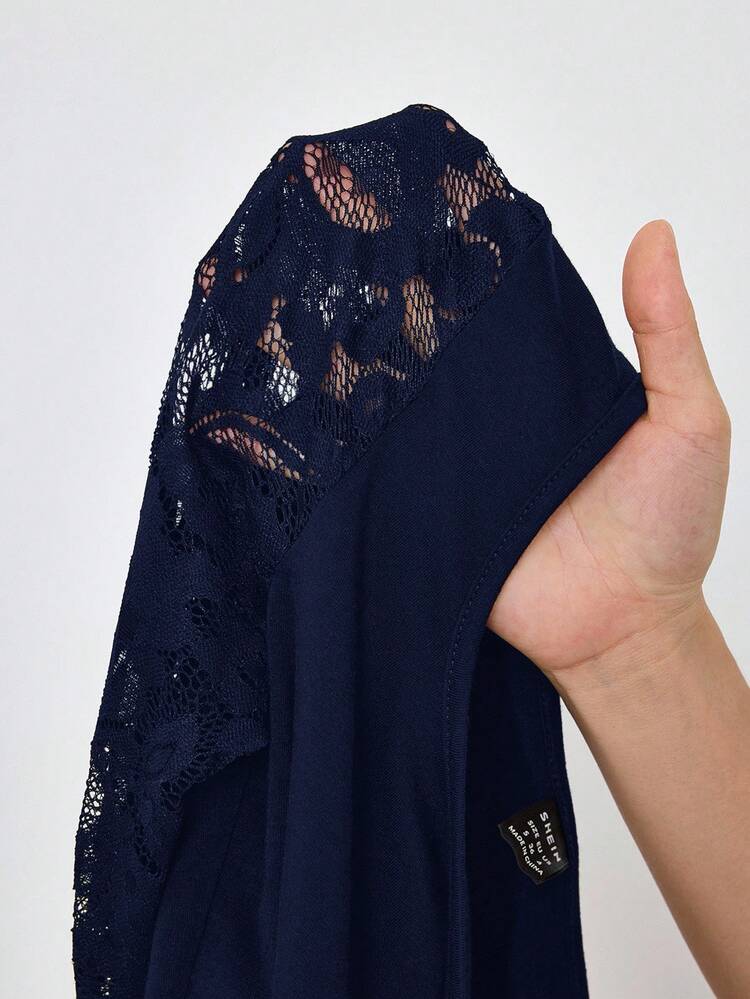SHEIN Lady Conjunto de 2 piezas elegante con blusa de manga larga con encaje de contraste y volantes en el bajo y pantalones acampanados para mujer - Azul Marino - Añade 9