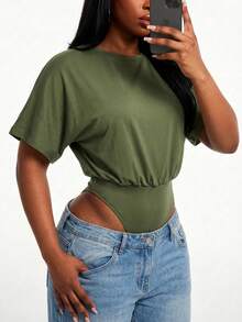 SHEIN SXY 大码女式纯色圆领褶皱休闲连体衣，日常百搭 - 綠色 - 查看 2