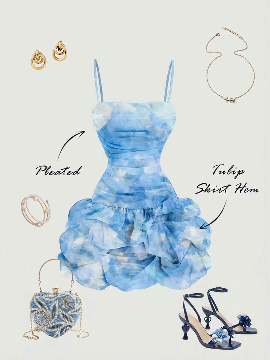 SHEIN MOD Women's Floral Fitted Ruched Bubble Hem Organza Mini Dress, Y2k Dresses, Women's Talk Dress, Birthday Outfit Dress Party Dress Summer Dress Outfit Dress Pleated Dress,Summer Dresses For Women - Blue - View 1