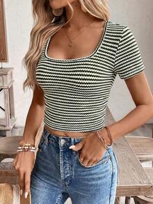 SHEIN Frenchy Áo thun nữ cơ bản tối giản, phối sọc và khối màu, xếp ly. - màu xanh lá - Xem 6