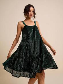 LOTSLUV 女士绿色串珠纹理面料方领宽松短款连衣裙，春夏款 - 綠色 - 查看 3