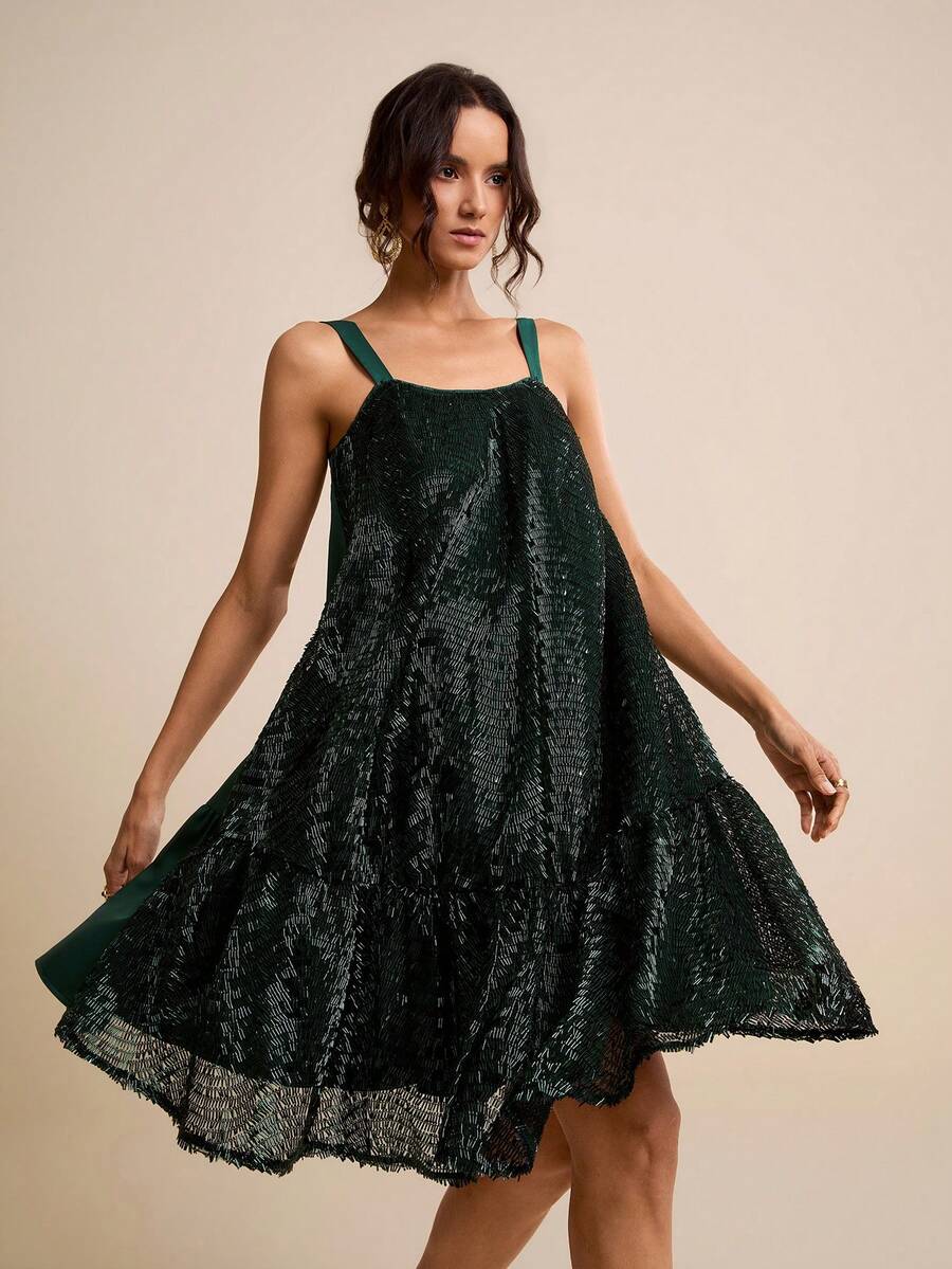 LOTSLUV 女士绿色串珠纹理面料方领宽松短款连衣裙，春夏款 - 綠色 - 查看 1