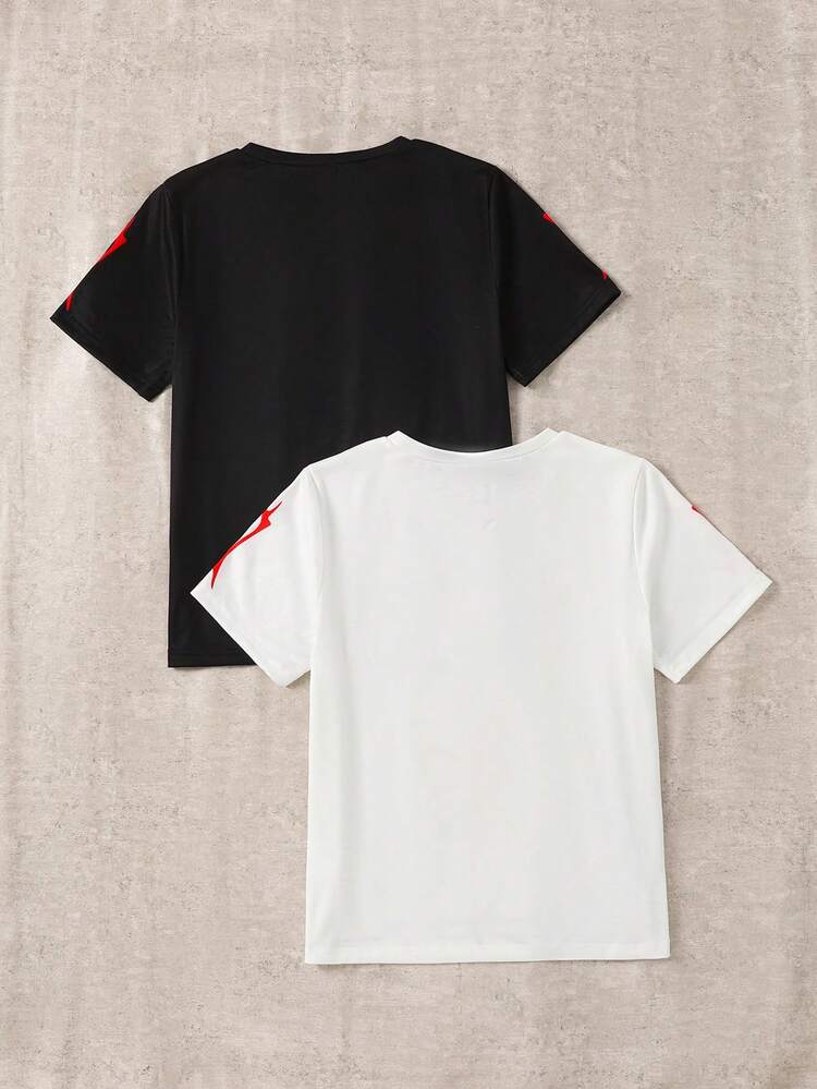 2pcs/Set Boys' Casual Cool Spider Graphic T-Shirts, Black & White, Soft & Comfortable Fabric Suitable For Daily, Commuting, Sports Wear - Black and White - View 2