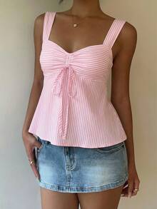 SHEIN 休闲简约日常百搭粉白条纹度假装，女士夏季穿搭，女士抽绳吊带背心，户外上衣，可爱夏日上衣 - 彩色 - 查看 5