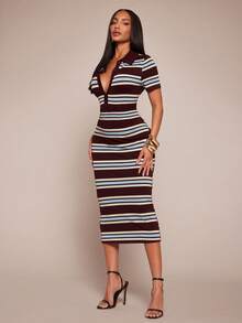 Radiana 夏季休闲时尚复古撞色条纹短袖Polo领修身连衣裙，咖啡棕色撞色条纹连衣裙，休闲连衣裙，中长款连衣裙，适合日常外出、都市生活、通勤、工作、办公室、商务、休闲聚会、度假穿着 - 彩色 - 查看 4