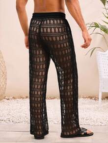HIMLAND Pantalones rectos casuales de punto con cintura elástica holgada para hombres, uso diario de moda para jóvenes - Negro - Ver 3