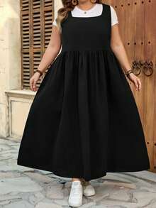 SHEIN CURVE+ Đầm dài dáng rộng màu đen bằng cotton có túi, size US22, thích hợp cho lễ hội âm nhạc, kỳ nghỉ bên bờ biển, phong cách Bohemia dành cho nữ. - màu đen - Xem 6