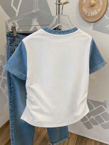 Resyla Denim Effect Digital Print Casual Women's T-Shirt With Drawstring Waist, Great Gift For Friends - White - View 2