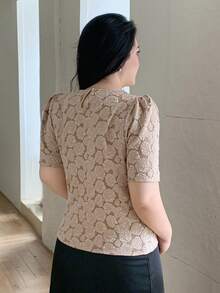 Dazy Plus Plus Size Women Floral Print Puff Sleeve Elegant Spring/Autumn T-Shirt, Suitable For Party - Khaki - View 3