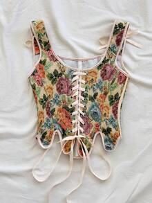 Soleia 复古宫廷风彩色花卉提花吊带背心，后背纽扣系带设计，适合女性穿着，可用于派对、约会、情人节、复活节、狂欢节、下午茶、海滩、邮轮、城市度假等场合。 - 彩色 - 查看 2