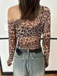 DAZY Camiseta de manga larga con estampado de leopardo de malla para mujer, de verano - Marrón - Ver 3