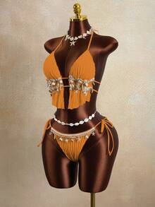 Zestiva Women's 2-Piece Wave Striped Shell Tape Tie Front Halter Bikini Set, Summer - Orange - View 4