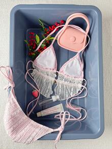 SHEIN Swim 两件套女士泳装，蕾丝面料搭配彩色大理石纹肩带，休闲沙滩泳池派对度假装，春夏款 - 粉色 - 查看 3