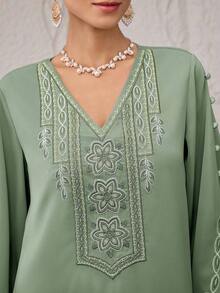 Al Najma Women's V-Neck Floral Embroidery Pattern Casual Loose Dress, Suitable For Party And Outing - Green - View 8
