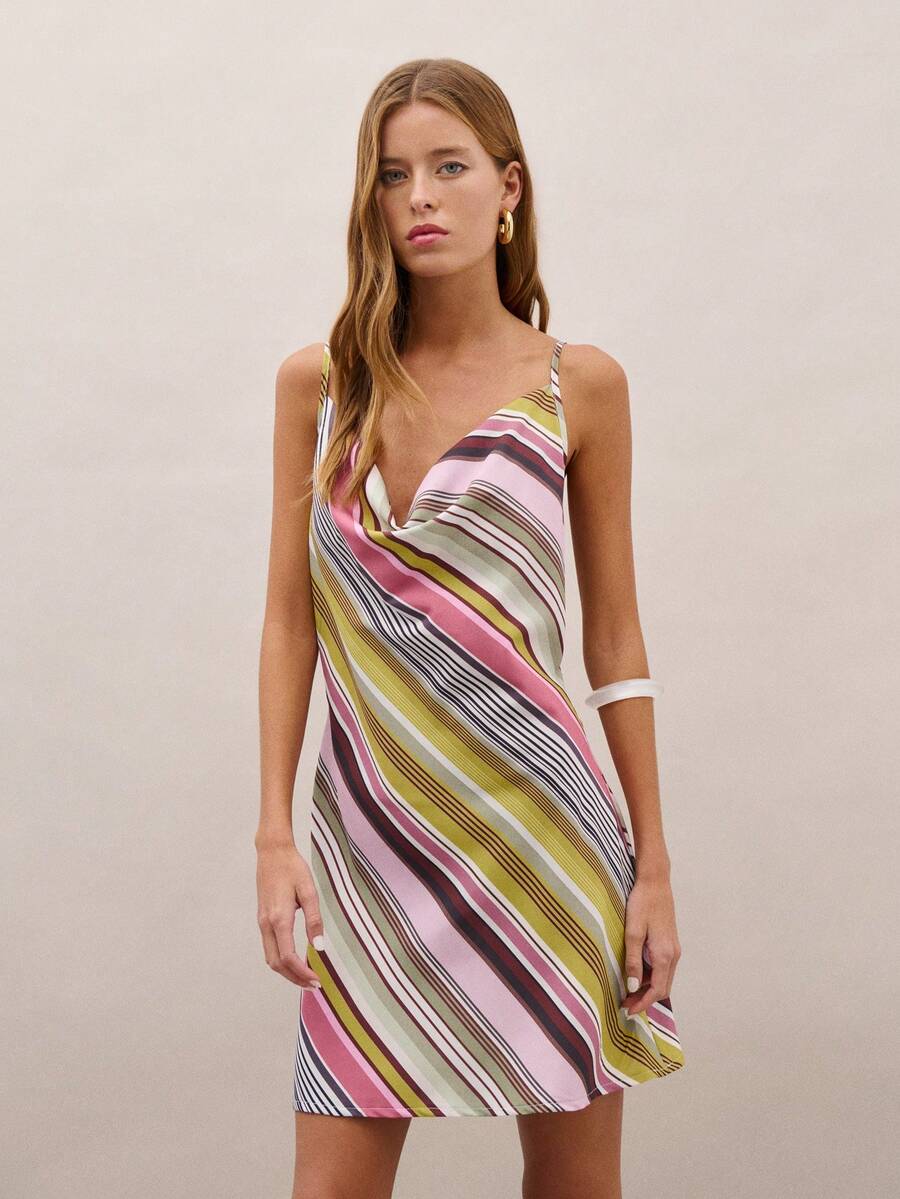 Nöista 条纹迷你连衣裙，垂褶领口设计，后背配有可调节肩带。完美适用于夏季派对、约会之夜、度假夜晚、日常穿着、春季、音乐节、海滩休闲等场合。 - 彩色 - 查看 1