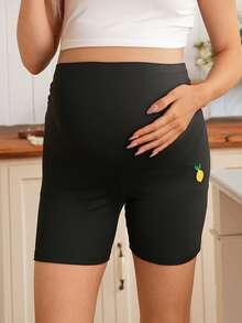 SHEIN Maternity Lemon Embroidery Adjustable Waist Casual Versatile Daily Wear Shorts - Black - View 1