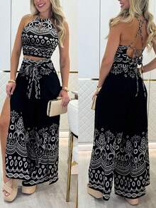 SHEIN Holidaya Bộ đồ nữ mùa hè mới với họa tiết Paisley cổ điển - Áo hai dây ngắn hở lưng cổ yếm dây chéo + Quần ống rộng cạp thường dáng suông, kiểu dáng ôm sát, thích hợp cho kỳ nghỉ. - màu đen - Xem 1