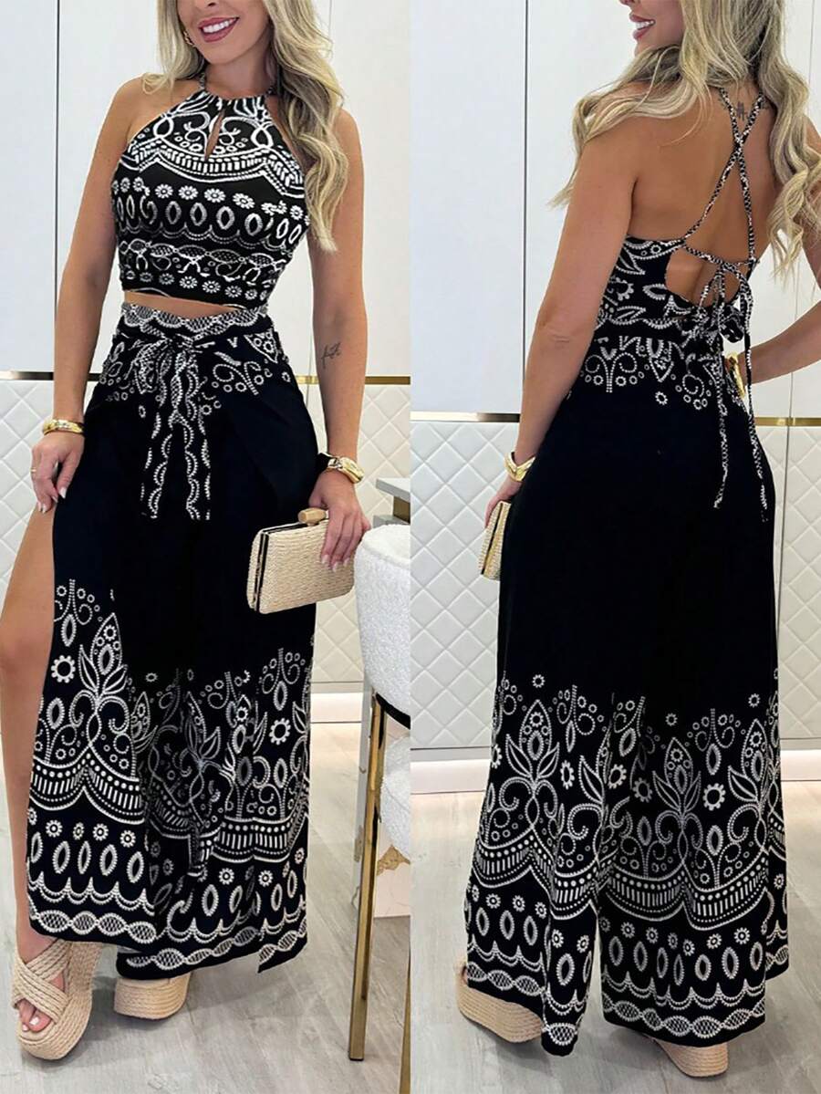 SHEIN Holidaya Bộ đồ nữ mùa hè mới với họa tiết Paisley cổ điển - Áo hai dây ngắn hở lưng cổ yếm dây chéo + Quần ống rộng cạp thường dáng suông, kiểu dáng ôm sát, thích hợp cho kỳ nghỉ. - màu đen - Xem 1