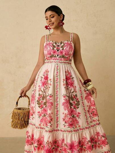 Travachic Vestido de mujer talla grande con estampado floral tropical color albaricoque, vestido de tirantes largos para principios de primavera