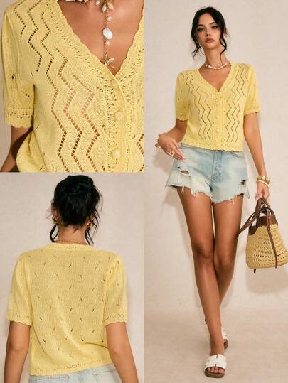 Poéselle Yellow Knit Beach Cover Up Cardigan, Crochet Button Short Sleeve Shirt, Lightweight Summer Vacation Top For Women,Women's Solid Color Short Sleeve Hollow Out Single-Breasted Casual Knit Top,Beach Outfit For Women,French-Style Top,2026 New Arrival