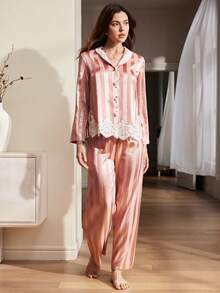 Women's Elegant Romantic High-End Lace Trim Striped Jacquard Satin Comfortable Sleepwear Set - Pink - View 6