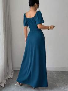 SHEIN Elenzya 方领收腰优雅浪漫精致女式连衣裙，短袖 - 水鴨藍 - 查看 2