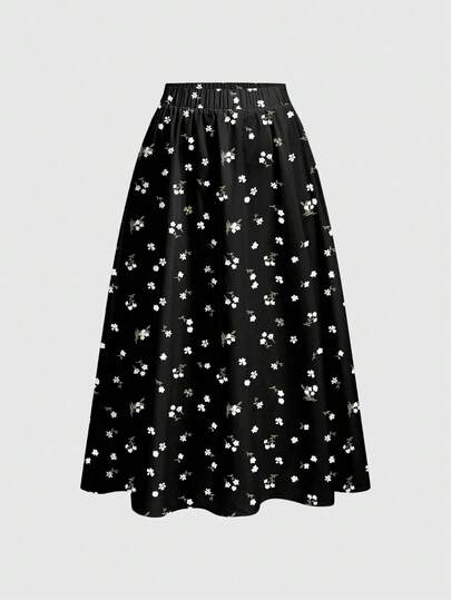 Sweetness Plus Size Gothic Floral Print Pleated Skirt, Elegant Vacation Style, Spring/Summer