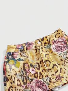 ROMWE Vacation Hippie Retro Floral, Leopard, Fruit Print Low Waist Bodycon Denim Mini Skirt - Multicolor - View 4