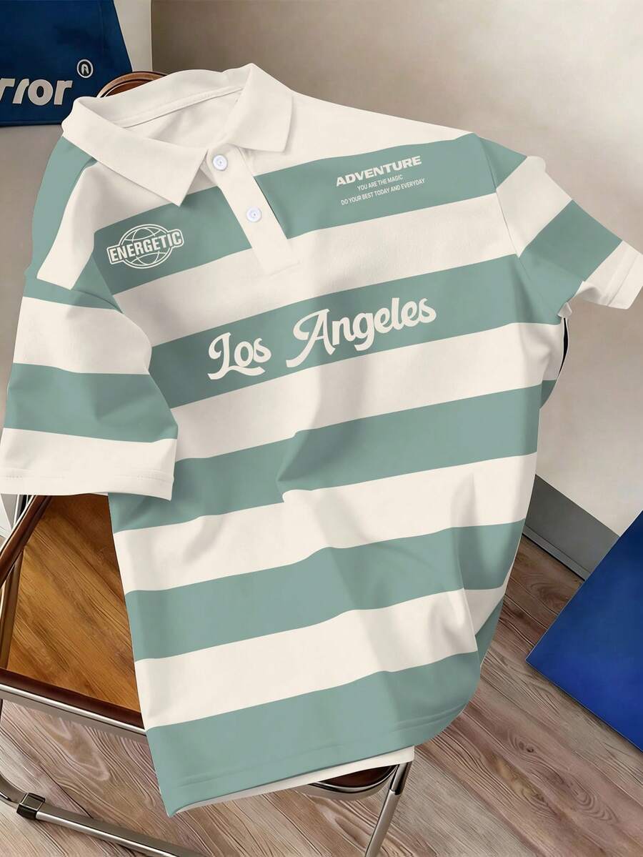 Manfinity Joysei Men's Casual Colorblock Striped Letter Print Short Sleeve Polo Shirt, Summer - Multicolor - View 1
