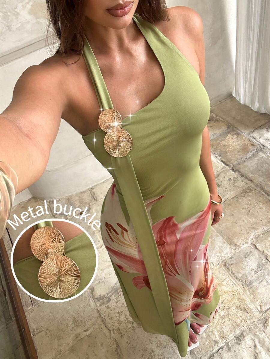 Aloruh 女士春夏新款不对称设计飘逸领金属装饰超长鱼尾褶皱印花黄色连衣裙